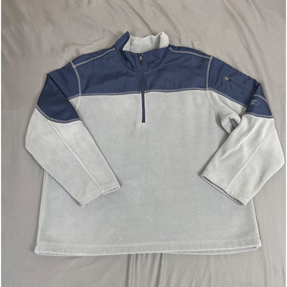 Starter Mens Quarter Zip Fleece Pullover Grey Navy Blue Mock Neck Large